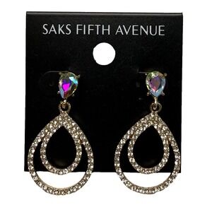 Saks Fifth Avenue Rhinestone Double Teardrop Aurora Borealis Dangle Earrings NEW